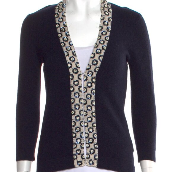 Tory Burch Sweaters - Tory Burch Merino Wool Printed Cardigan Sweater Large Navy Blue Sequins V-Neck